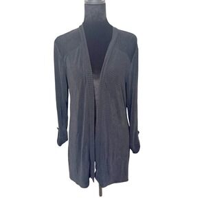 Chicos Travelers Black Ribbed Open Front Cardigan Button Tab Sleeve Sz 1 Capsule